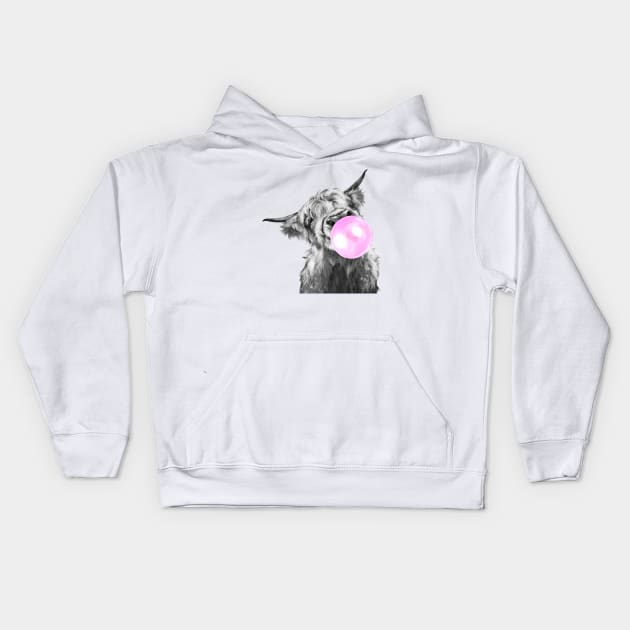 Bubblegum Black and White Highland Cow Kids Hoodie by bignosework